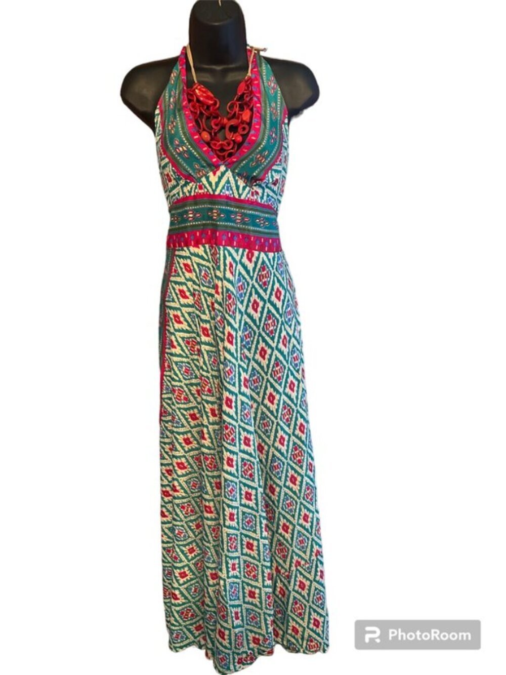 India Boutique Silky Tie-Back Maxi Dress Green/Gold/Red Geometric Print - NWT